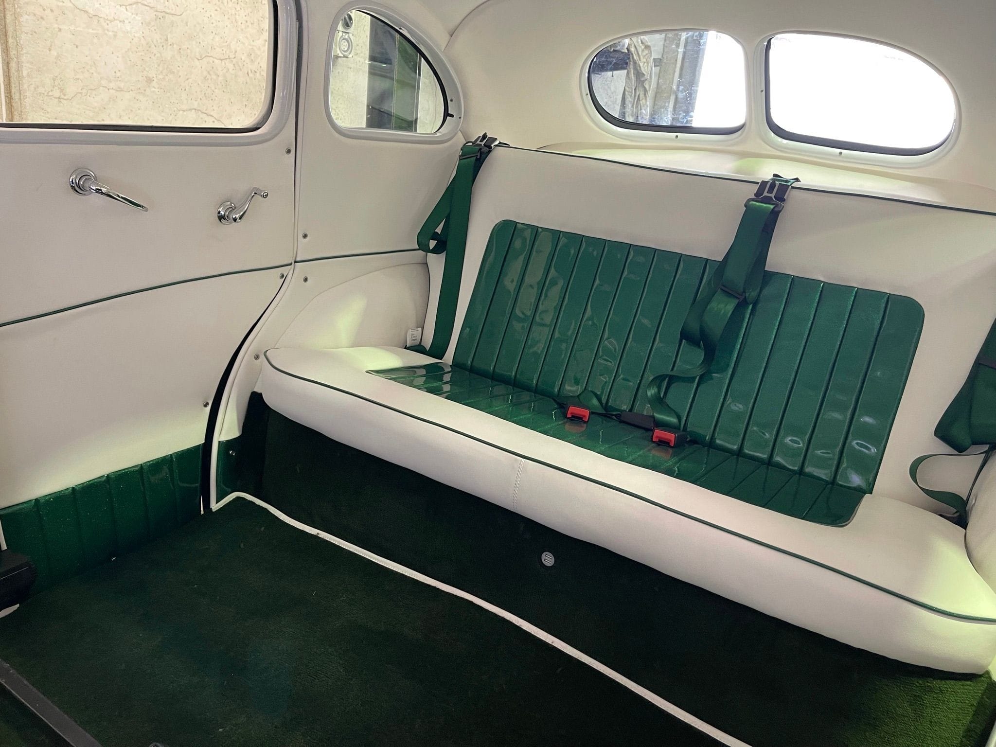 Green glitter and white vinyl seat for hotrod